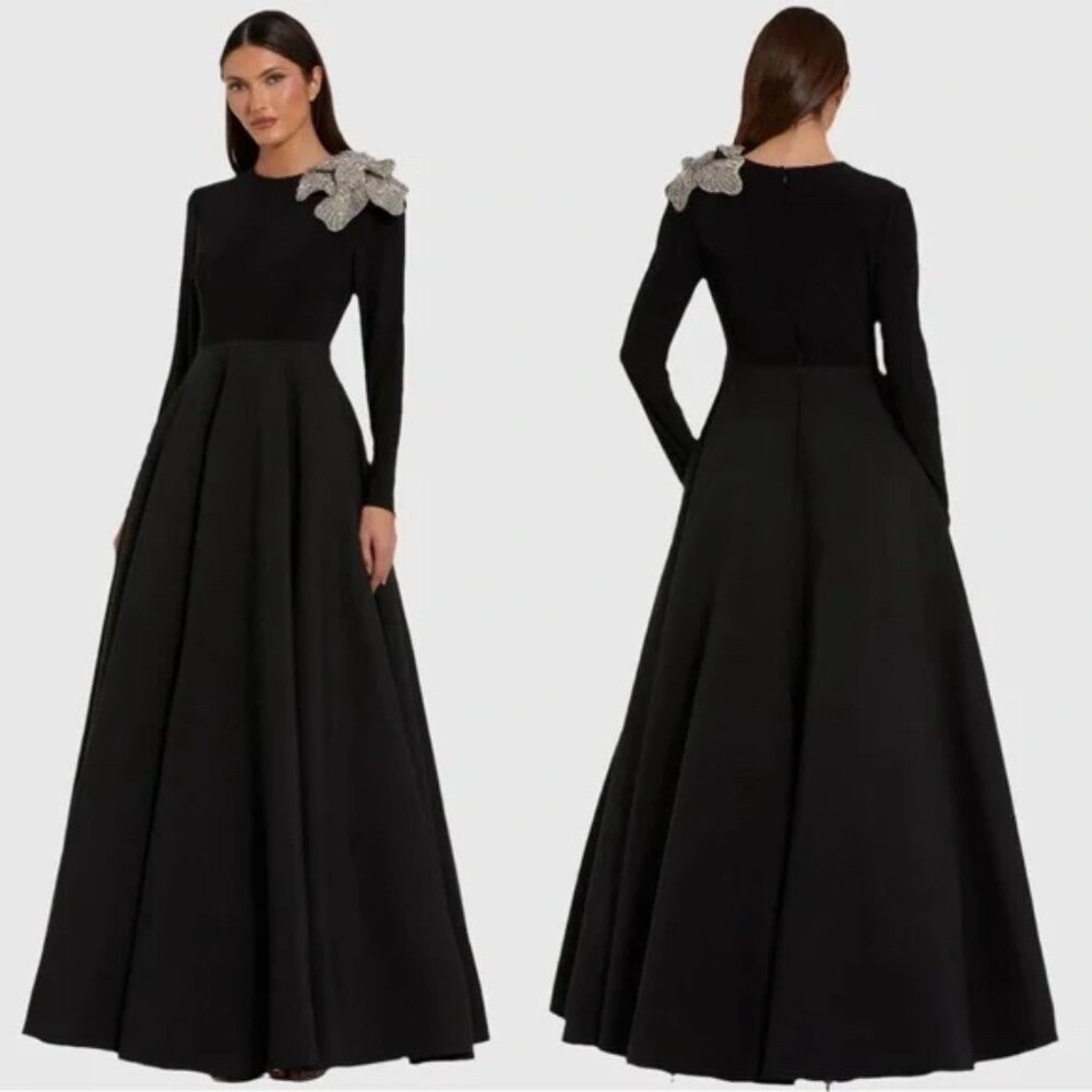 Mac Duggal 11832 Black Long Sleeve Ball Gown Taffeta 3D Rhinestone Flower 14